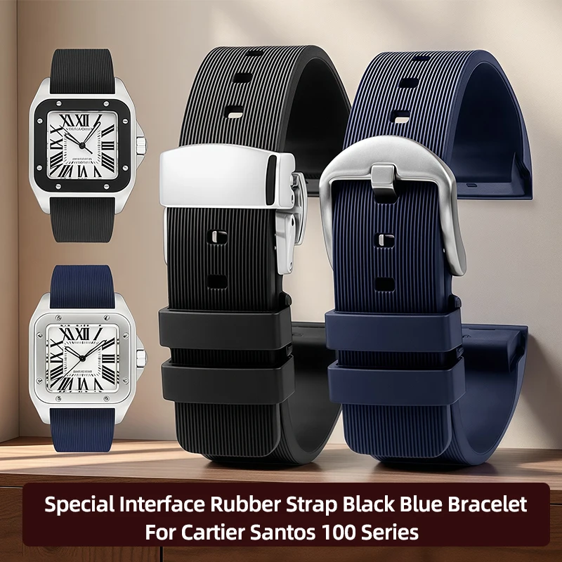 Special Interface Rubber Strap For Cartier Santos 100 Series unisex Waterproof Silicone watch Band 20mm 23mm Black Blue Bracelet