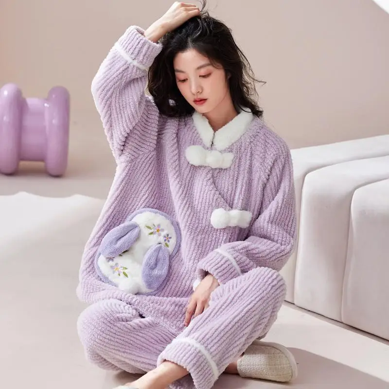 2024 New Large Size Autumn Winter Rabbit Design Feel Comfortable Casual Coral Velvet Pajamas Female Fairy Home Two-piece Set