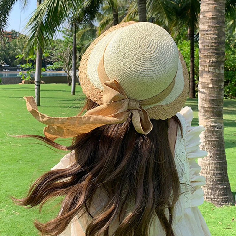 Large Brim Straw Hat with Bow Ribbon Women Summer Anti-Uv Sun Protection Hat Foldable Breathable Visors Outdoor Travel Beach Cap