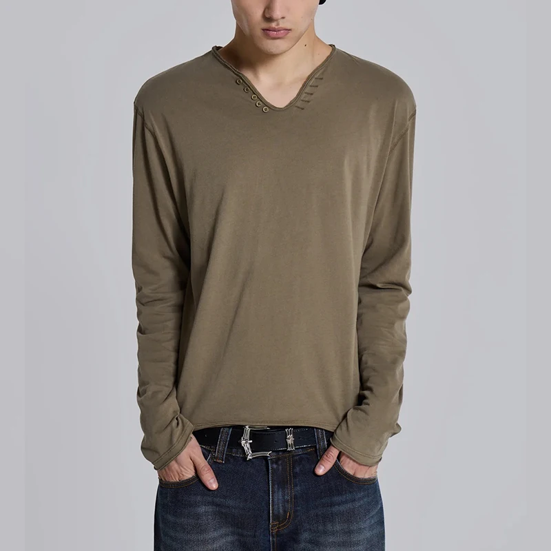 Abandoned soil made men's Henry collar deep khaki button print loose straight tube long sleeved shirt