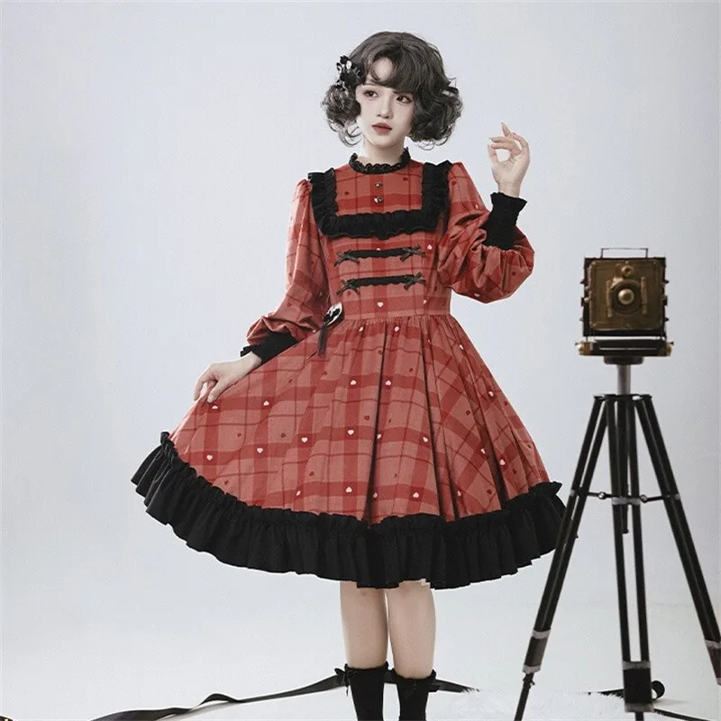 Vestido estampado a cuadros para mujer, manga larga, borde con volantes, color negro, rojo baya, Lolita OP, primavera y otoño