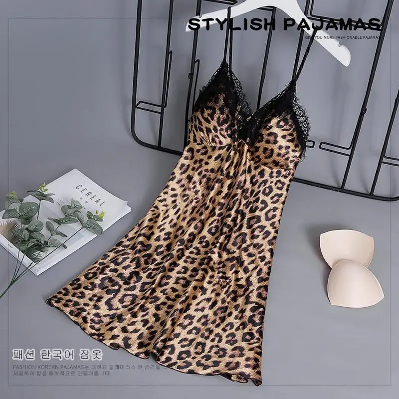 2024 New Style Sexy Halter Leopard Print Nightdress Women Summer Chest Pad Gathering Pajamas Ice Silk Plus Size Lace Home Wear