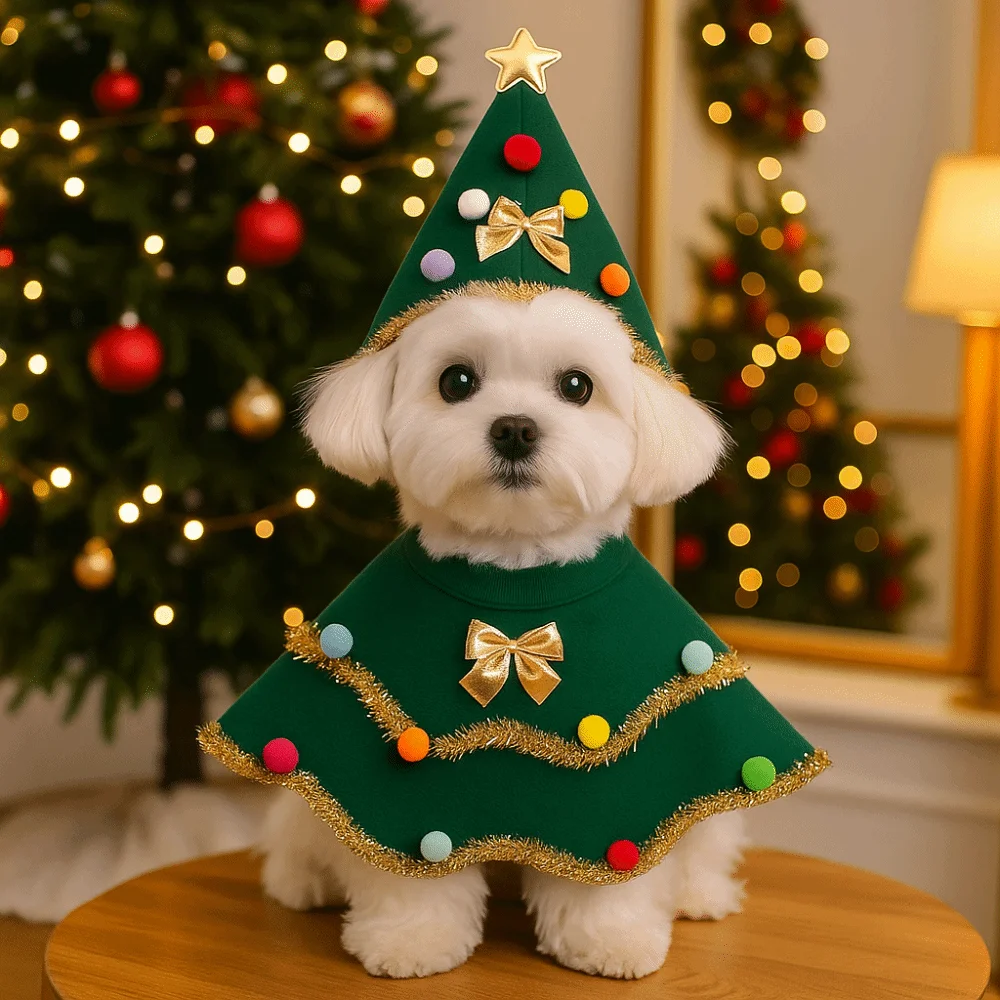 

Creative Cartoon Christmas Dog Cape Christmas Tree Design Adjustable Pet Cloak Polyester Unique Dog Cosplay Dress Holiday Events