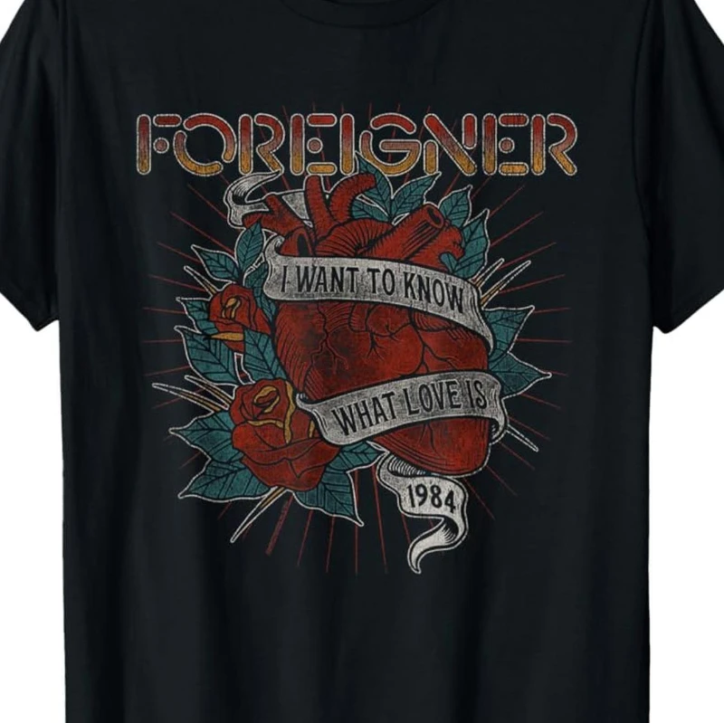 

Summer Ripple Junction X Foreigner Official Band T-shirt - Retro "What Lo E Is Heart-Shaped Rose" Pattern Black Rock Shirt