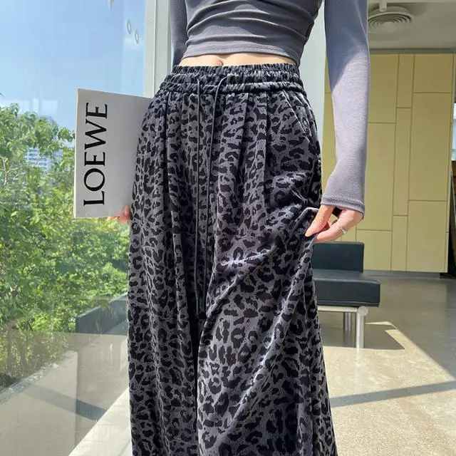 Retro Coffee Leopard Print Casual Pants Women High Waist Loose Long Pants