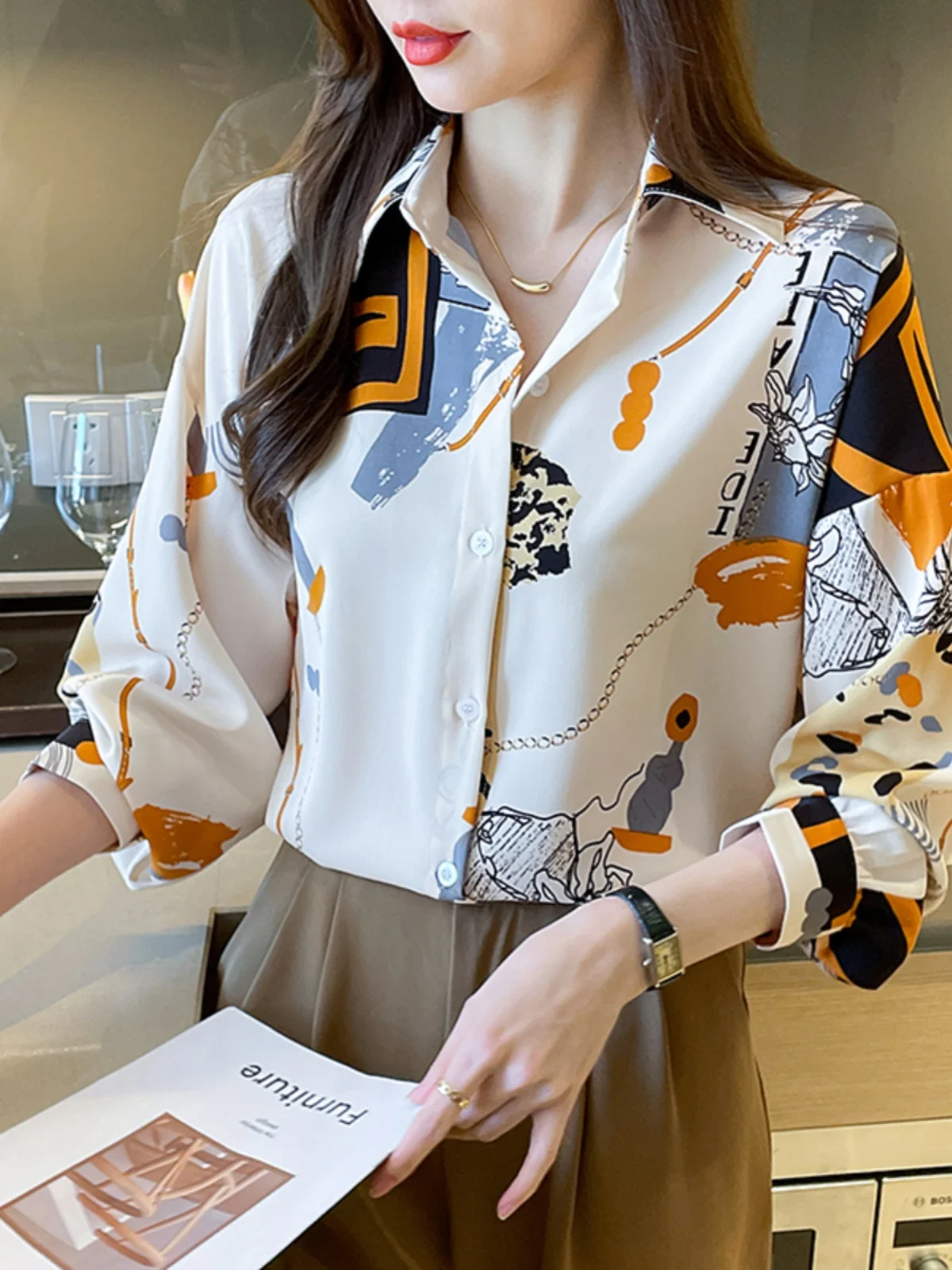 쉬폰 탑 세련된 우아한 여성 버튼 셔츠 턴 다운 칼라 봄 여성 의류 캐주얼 오피스 의류 통근 셔츠