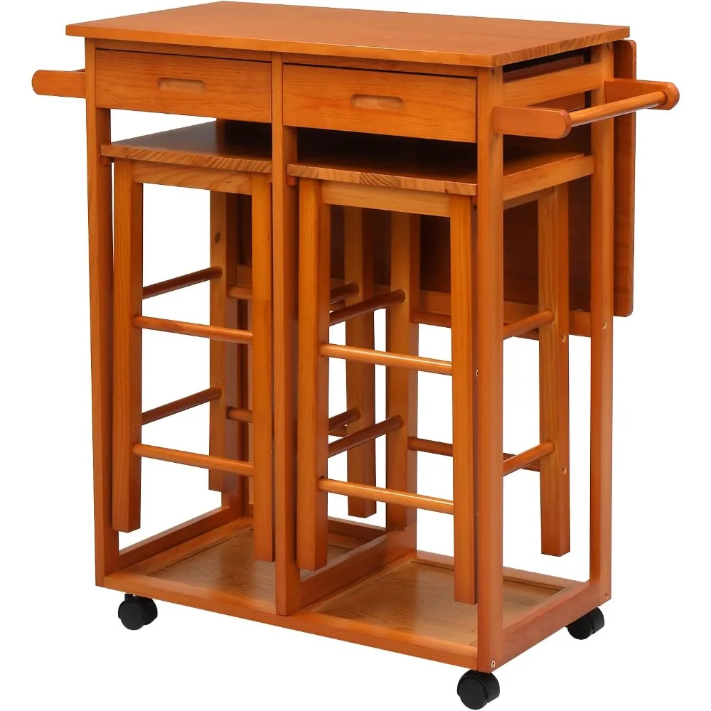 Kitchen Island Trolley Cart with 2 Square Stools and 2 Drawers Solid Wood Drop Leaf Table Easy Put Together