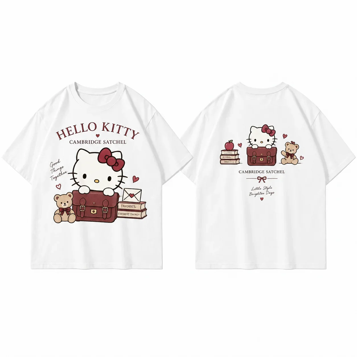 White T Shirt Parent Child Men's Women's Sanrio Hello Kitty School Bag London Cute Art Print Kawaii Streetwear Short Sleeve Top