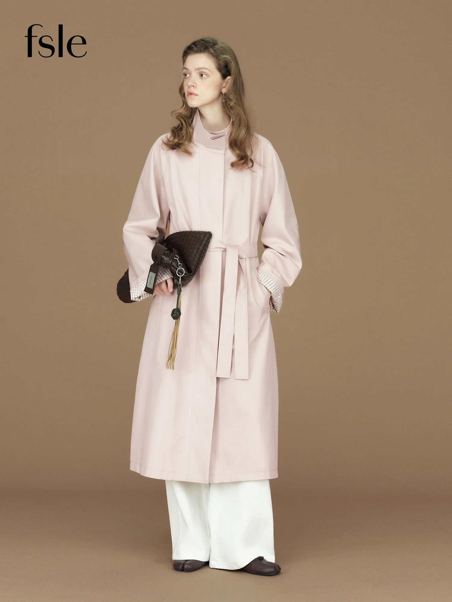 FSLE 2026 Womens British Trench Coat Contrast Cuff Stand Collar Heritage Workwear Style Pink Black Khaki Short Long Trench Coat