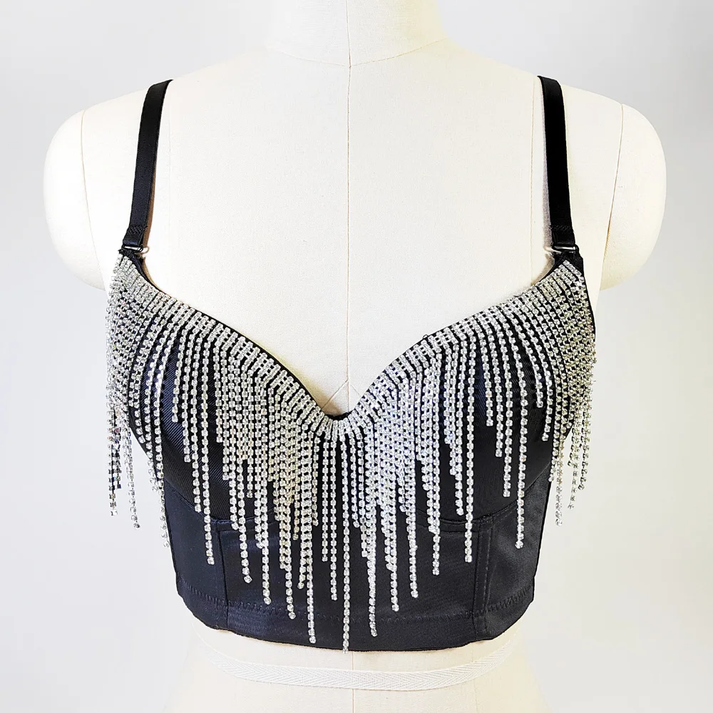 

customized women's adult corset with sparkling diamonds tassels nail beads strapless short nightclub carnival vest suspender