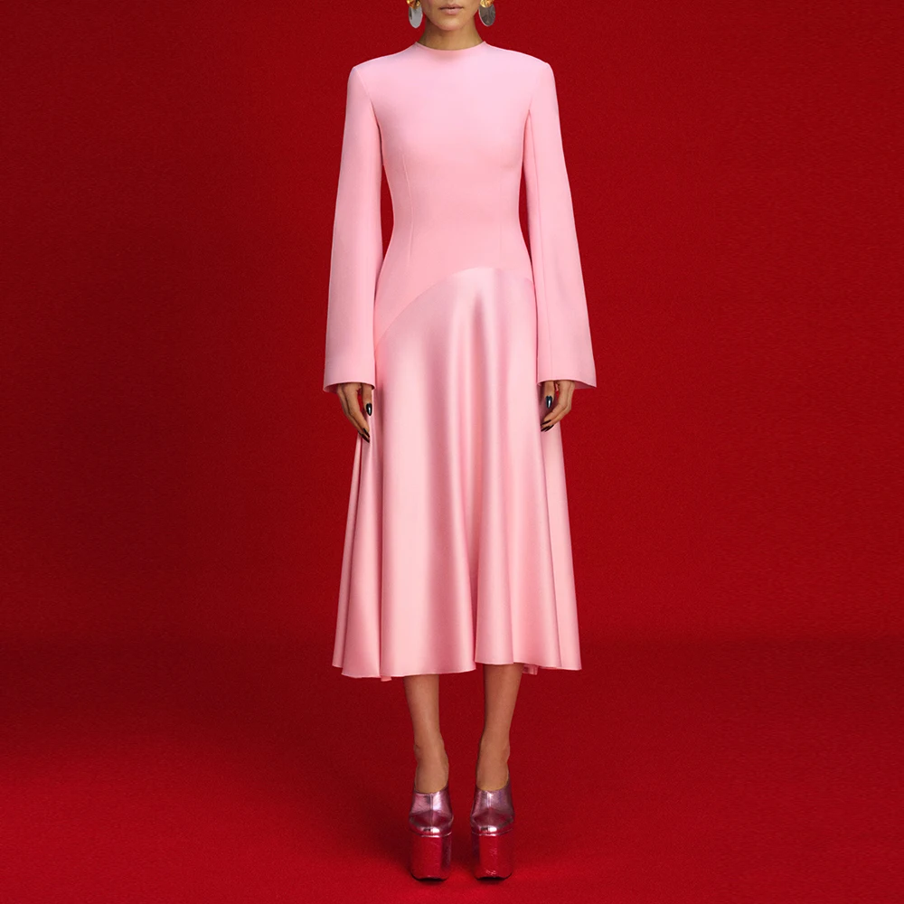 TWOTWINSTYLE Solid Slimming Fashion Dresses for Women Round Neck Long Sleeves Patchwork Zipper Temperament Dress Female Clothes