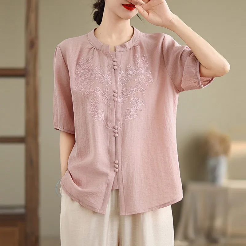 Women Summer Casual Shirt New Arrival 2024 Chinese Style Vintage Embroidery Loose Female Short Sleeve Tops Shirts B3872