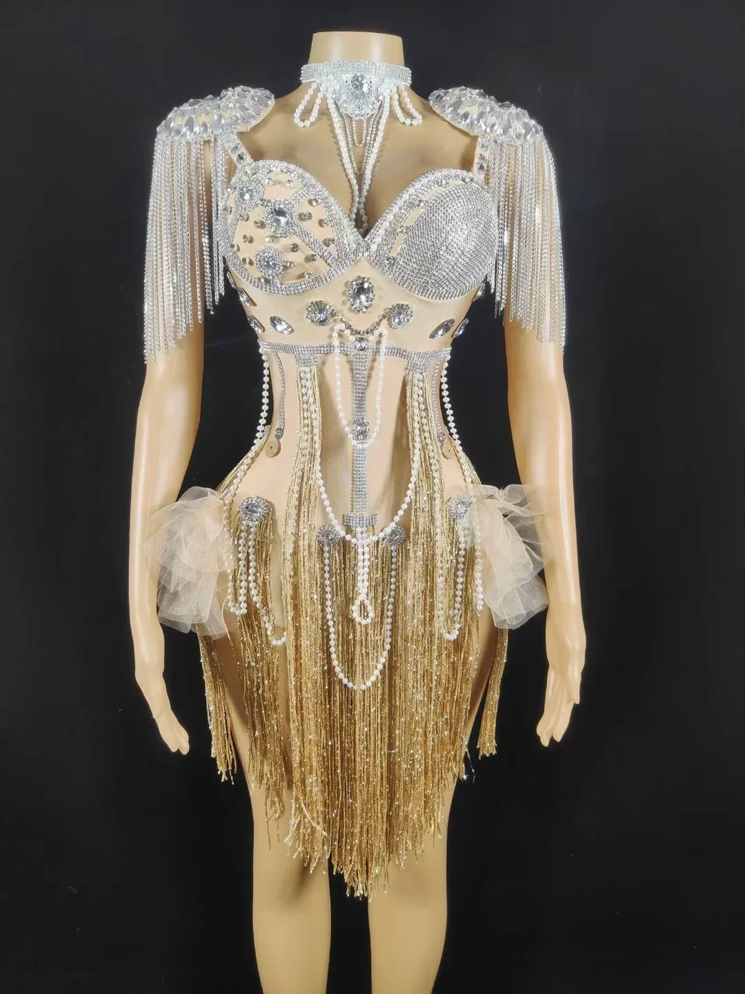 Anniversaire brillant perle perceuse gland femmes cristaux strass body scène chanteur porter Performance Costume Drag Queen tenue