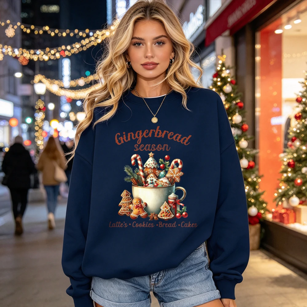 Gingerbread Season Christmas Crewneck Sweatshirt Gingerbread Man Mug Candy Cane Print Latte Cookies Bread Cakes Casual Pullover