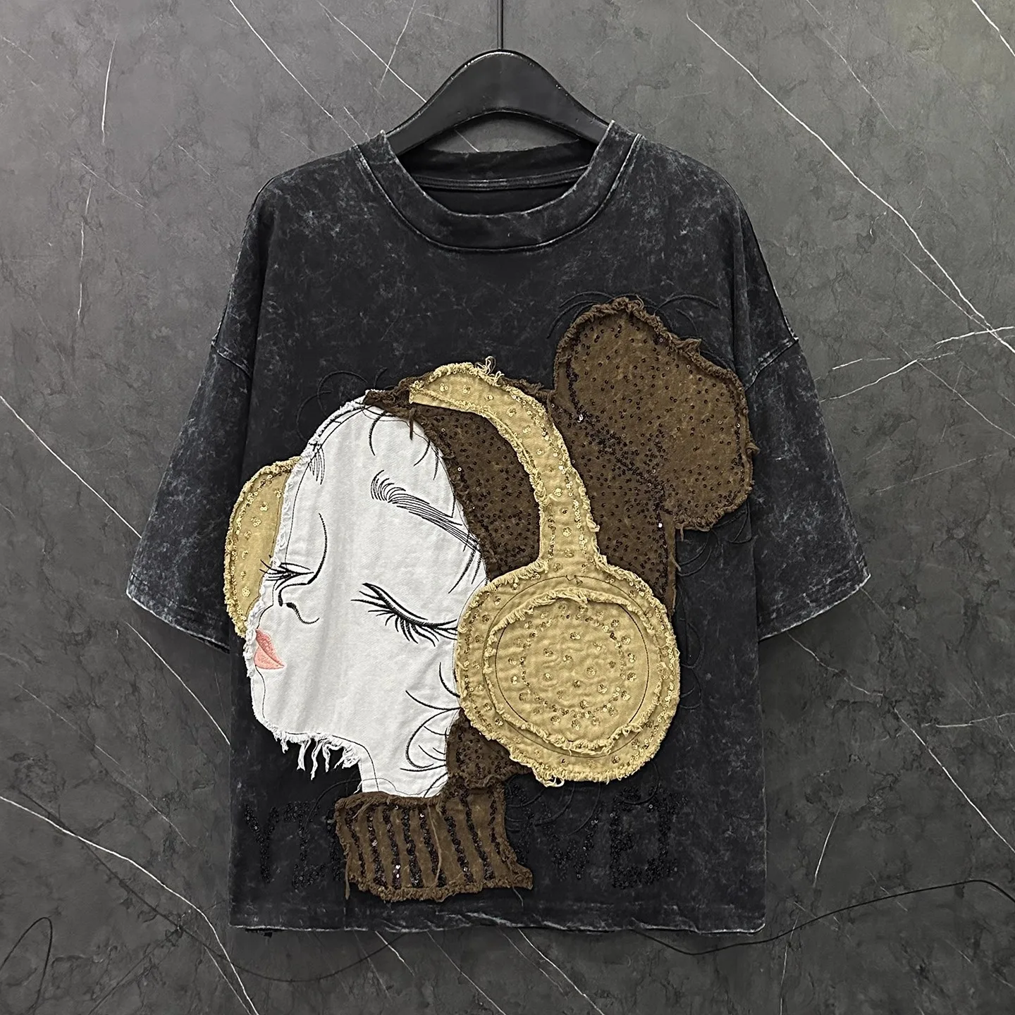 

Plus Size Tee Shirt 2025 Autumn New Cartoon Appliques for Little Girls Embroidery Sequined Round Neck Short Sleeves Casual Top