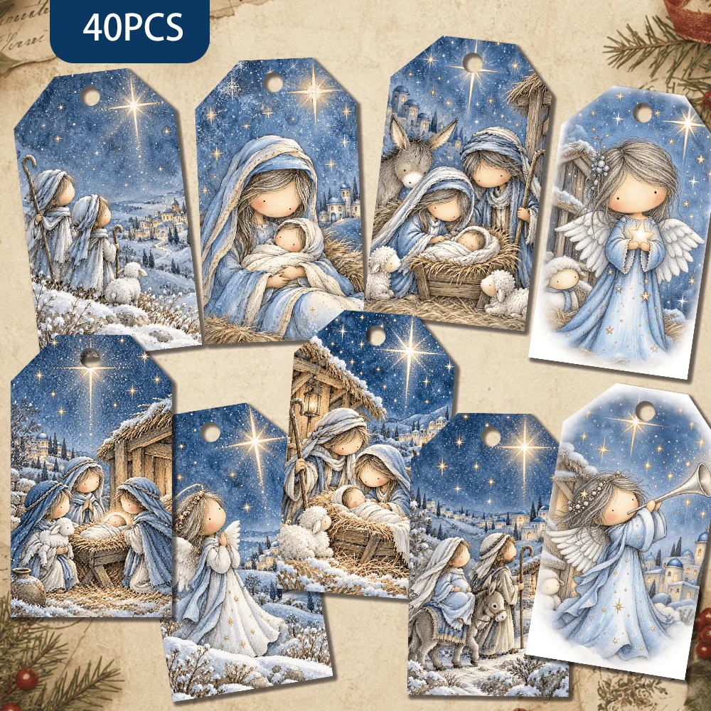 40pcs, Gift Tags, Vintage Blue Nativity Christmas, Hanging Paper Labels for Gift Wrapping, Holiday Party Decor with String