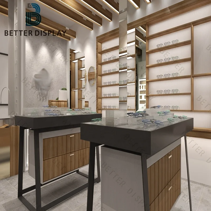 custom.Custom Optical Display Cabinet Wooden Frame with Glass Shelves and LED Light System Eyewear Showcase and Retail Store