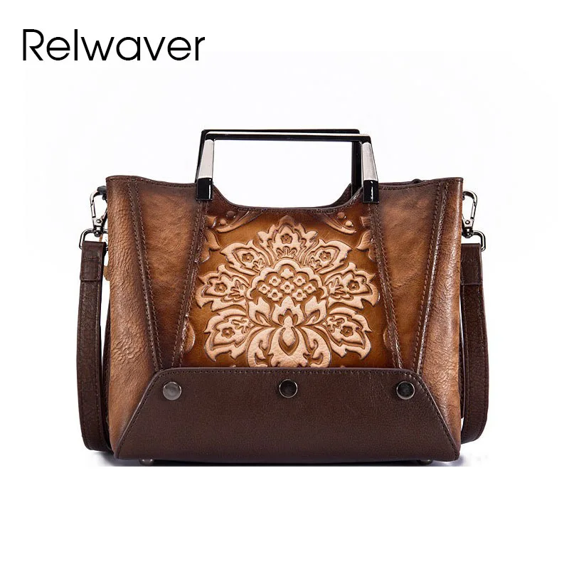 

Relwaver women genuine leather handbags vintage Chinese style shoulder bag 2024 spring shoulder bag floral embossing cross body