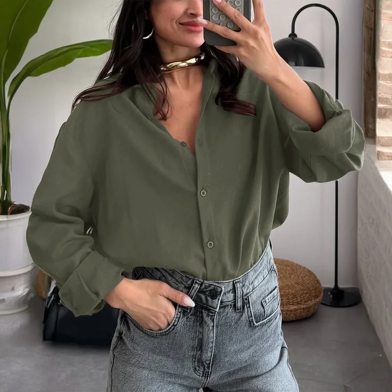 Elegante camicia cardigan a maniche lunghe Baita da donna con risvolto autunnale e invernale, top ampio e versatile