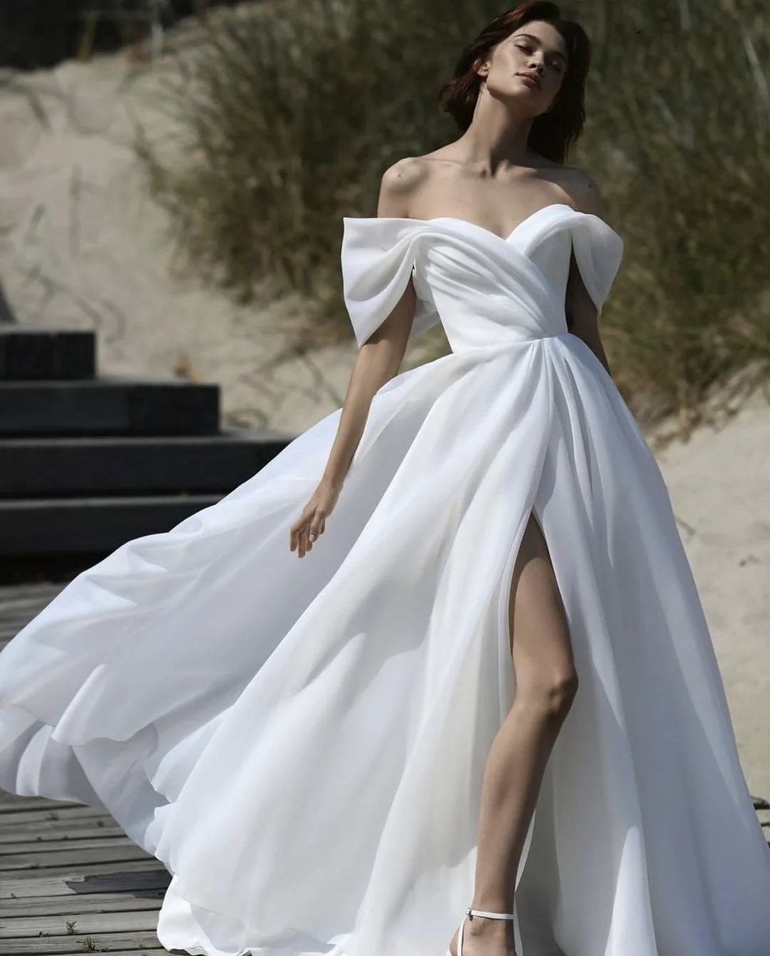 Vestido de novia personalizado hasta medidas, corte en A, escote en forma de corazón, hombros descubiertos, largo hasta el suelo para mujer, Organza, encantador abertura lateral Civil