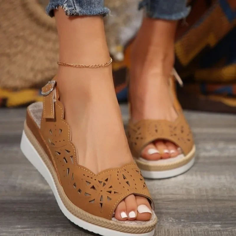 Wedges Fish Mouth Breathable Sandalias De Mujer Red Hollow Buckle Sandals Beach Shoes Shallow Casual Shoes Woman Heels Women