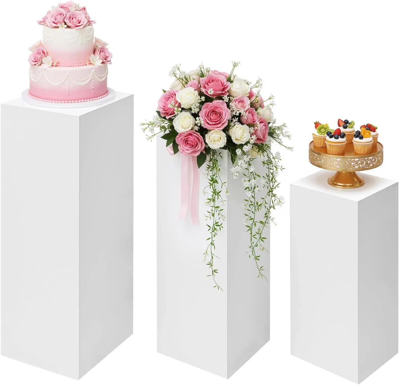 Metal Display Pedestal Stands Set, 6 Pcs Cuboid Pillar Stands in 3 Sizes (23.6/25.6/31.5 Inch), Freestanding Cake Dessert Centerpiece Pedestals for Wedding Birthday Party, White, 3