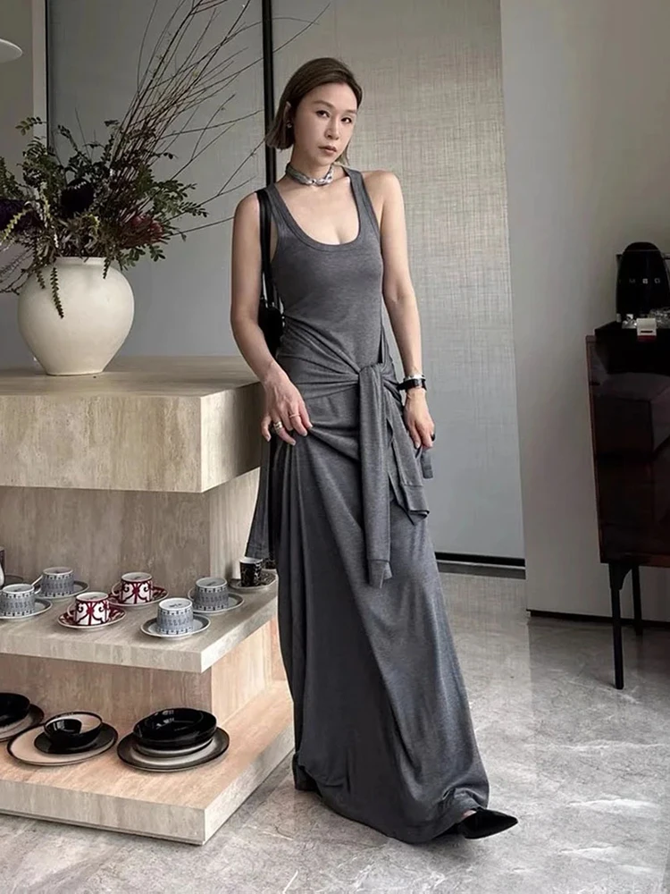 Gray Fake Two Piece Dress Design Sense Personality Simple Tie Vest Halter Long Dress Casual Comfortable Women's Dresses 2024 new