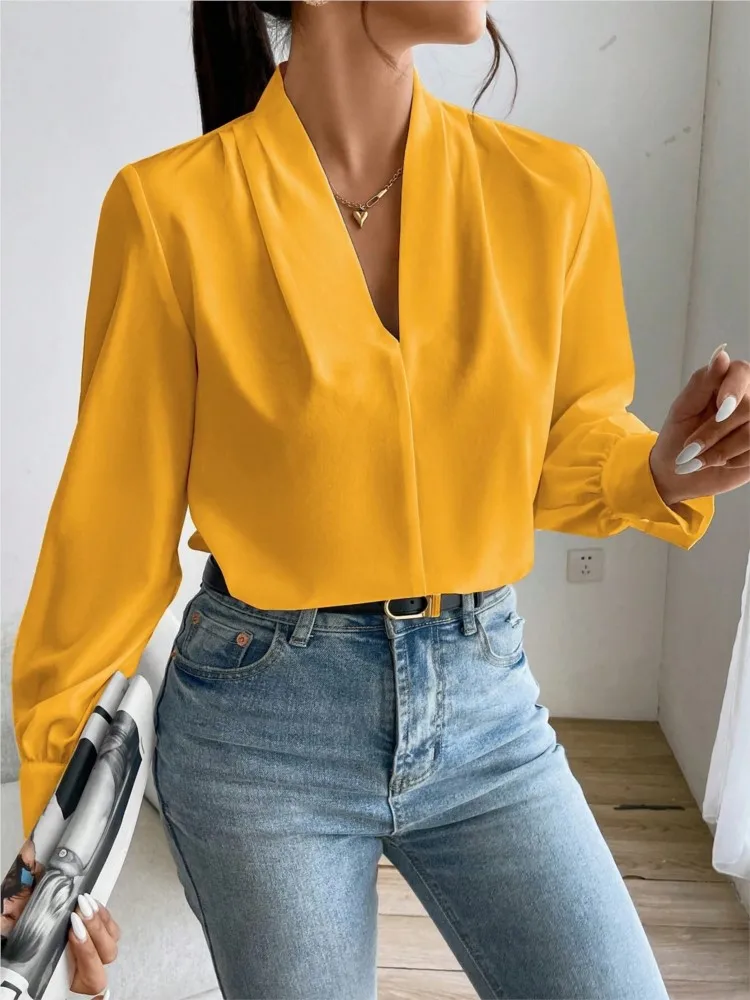 Women V-neck Shirts Fashion Tops Tunic Autumn Long Sleeve Blouses Vintage Pleating White Casual Top Streetwear Women Pullover