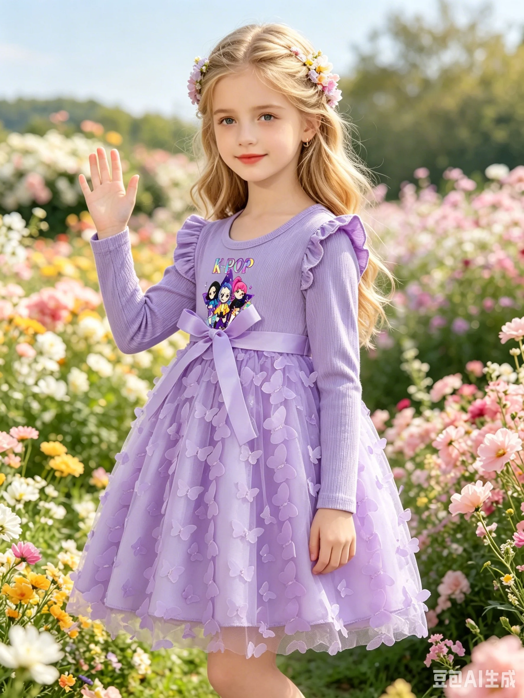 Mädchen-Kpop-Kleid mit Cartoon-Print, langärmliges Schmetterlings-Mesh-Kleid, lässiges, locker sitzendes Kleid für Kinder, Kleidung im Idol-Stil – Detail 4