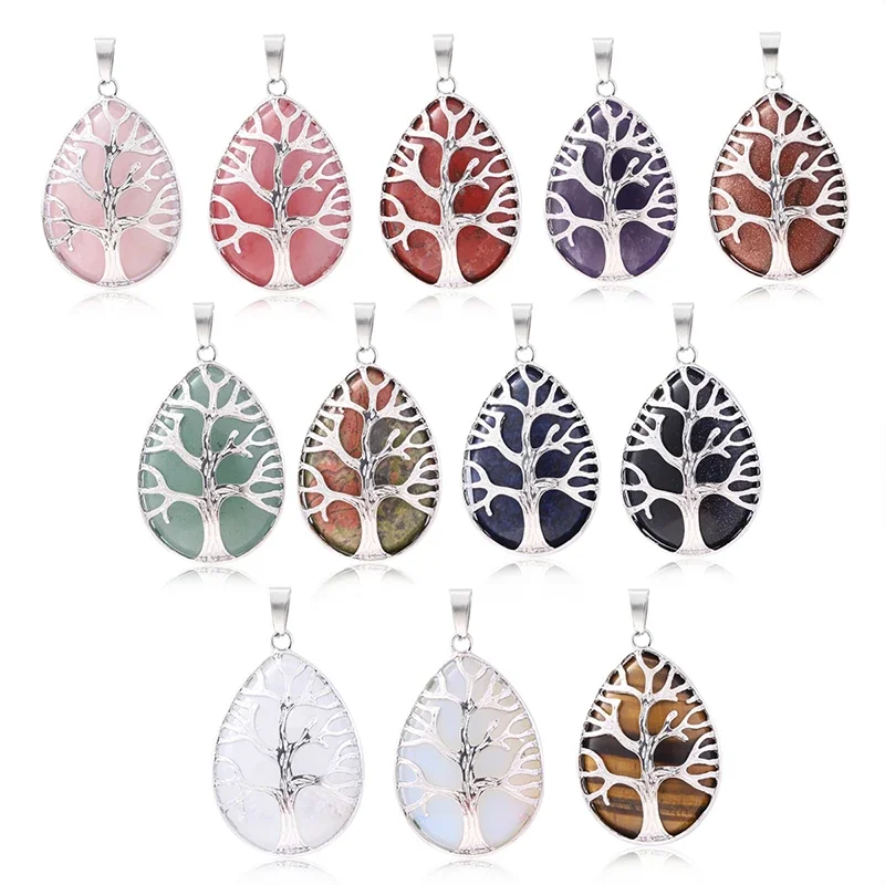 7 Chakra Stone Tree of Life Pendant Natural Water Drop Necklaces Rose Crystal Pink Quartz Amethyst Lapis Lazuli Tiger Eye Gifts