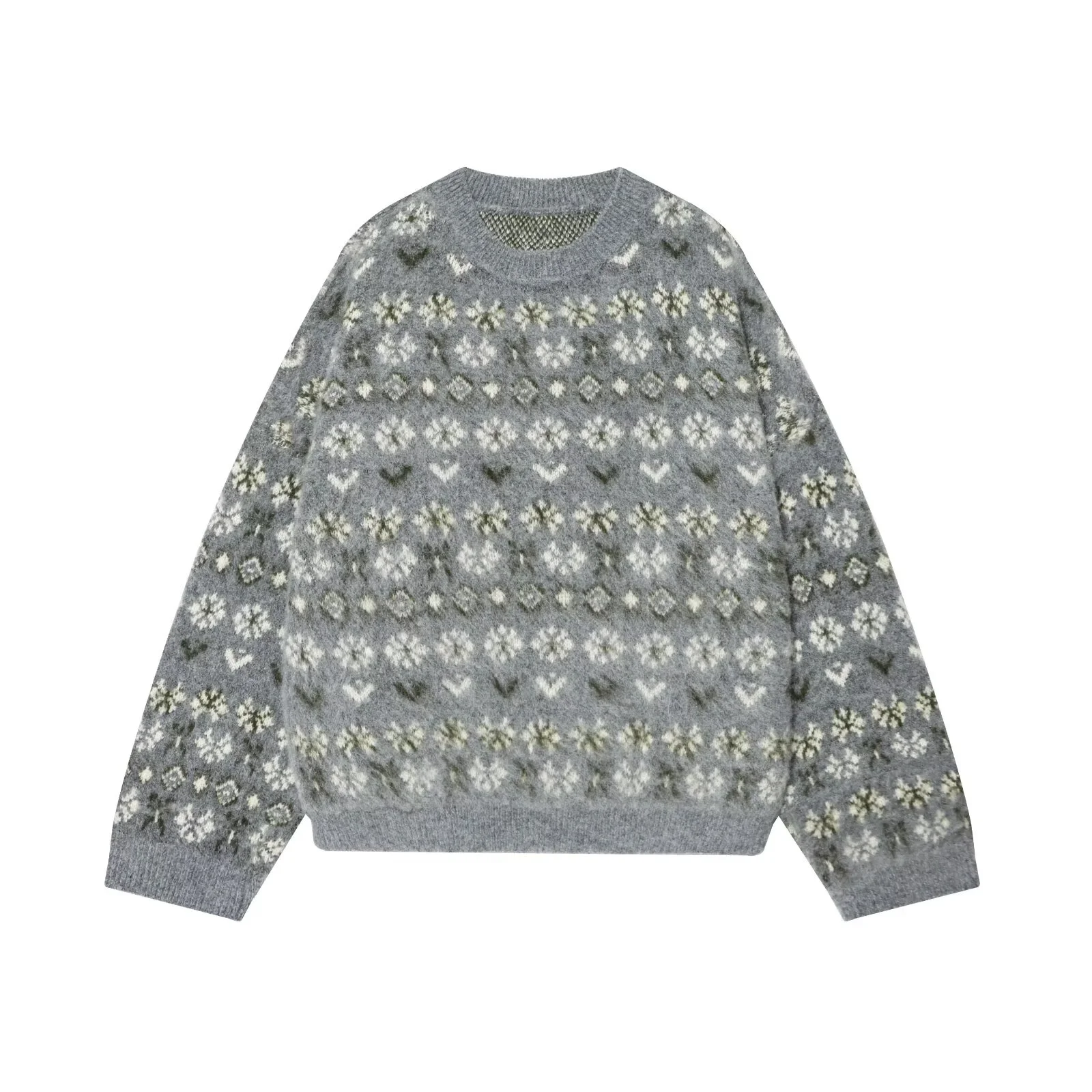 

Зима 2025 г. Новый женский повседневный и свободный стильный жаккардовый вязаный свитер с круглым вырезом и длинными рукавами с эффектом потертости