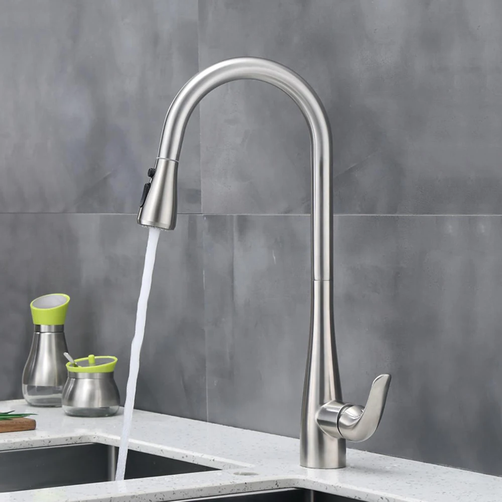 

304 Stainless Steel Kitchen Mixer Faucet 360 Rotation 60 cm Hoses Pull Out Cold & Hot Water Ceramic Valve Core