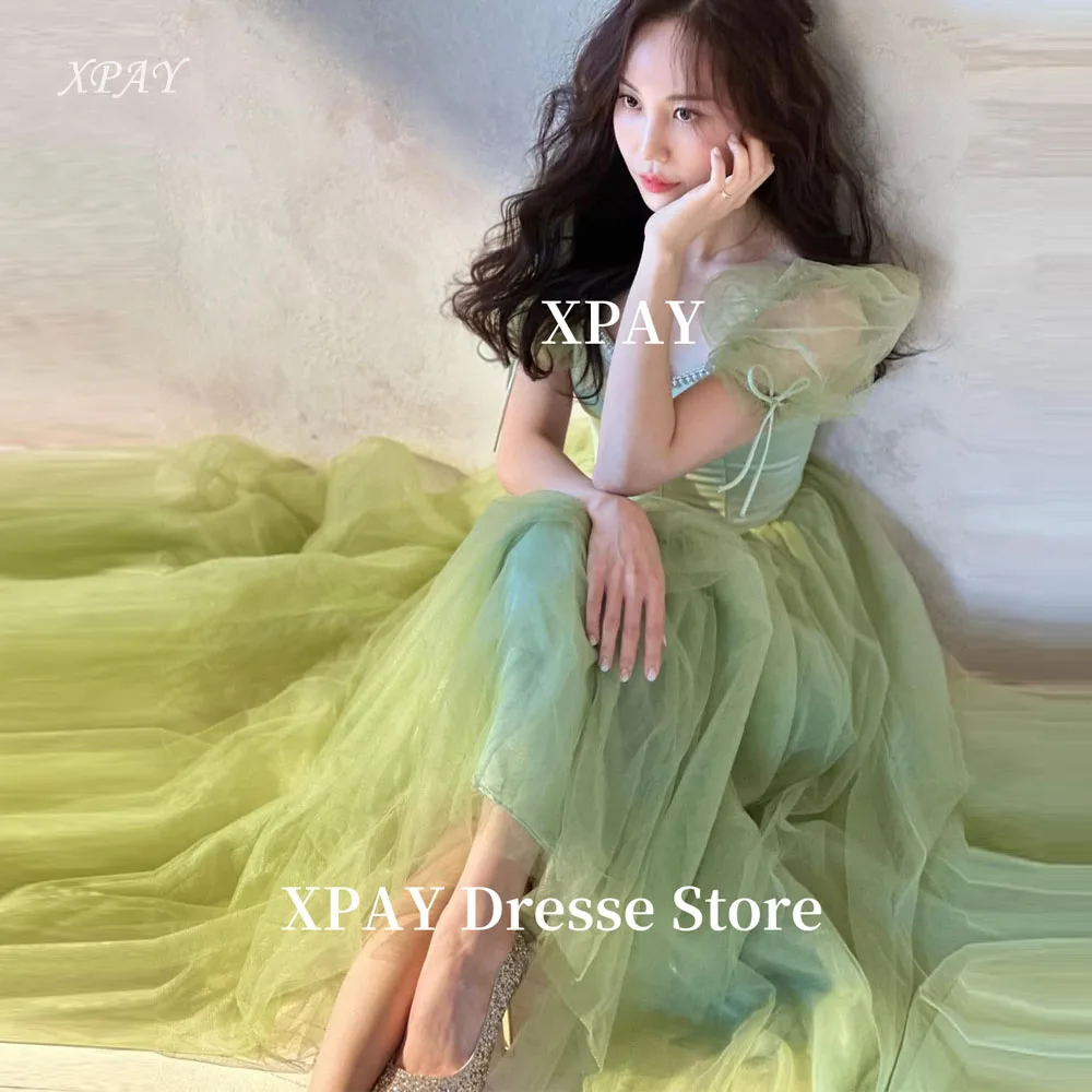 

XPAY Romantic Green Tulle Evening Dresses Korea Women Wedding Party Short Sleeves Sweetheart Customized Prom Gowns Formal