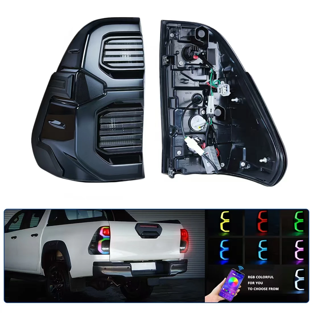 

Светодиодные задние фонари с управлением через приложение RGB для Toyota Hilux Revo 2015-2024, задний фонарь дальнего света, стоп-сигнал заднего хода, автомобильные аксессуары