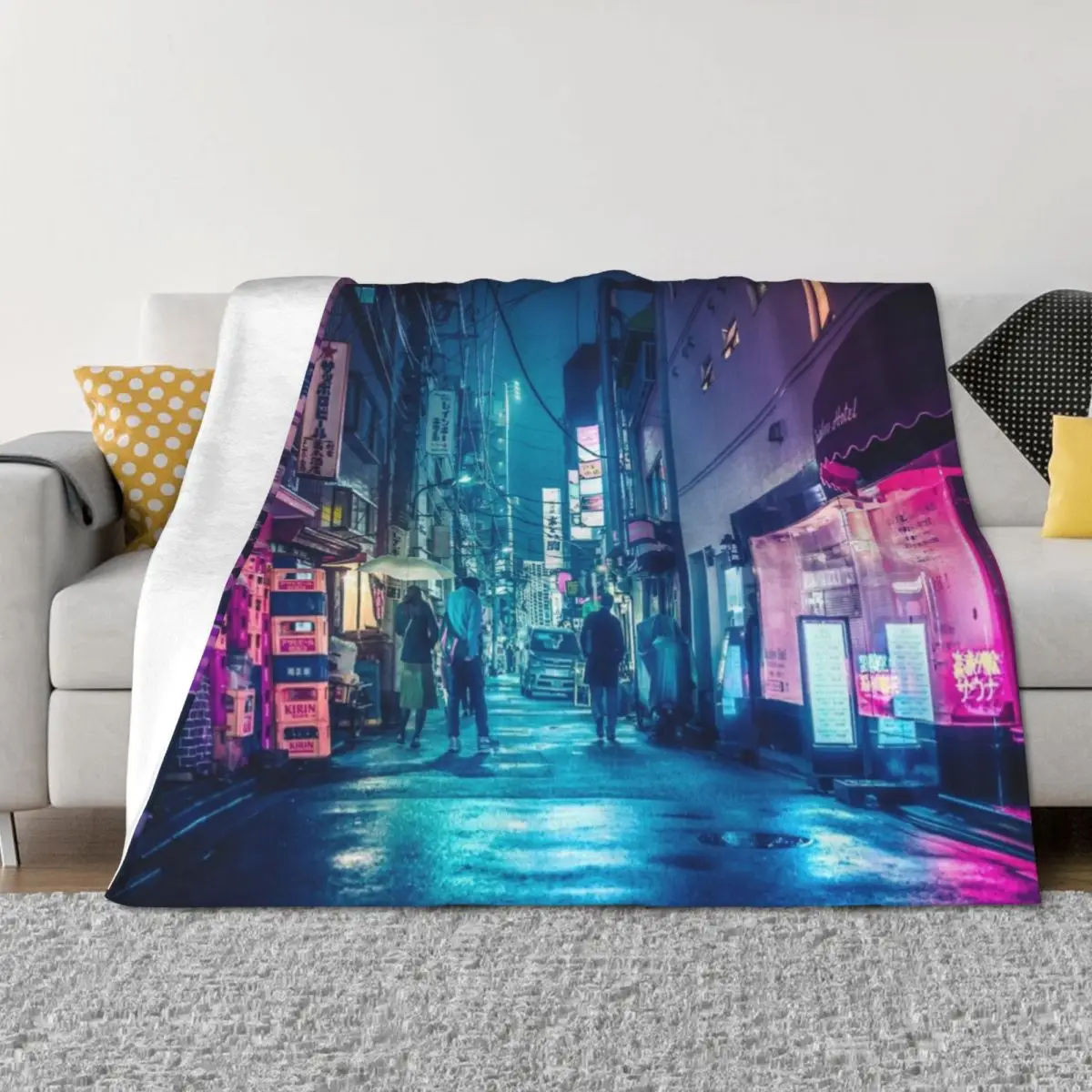 

Tokyo Midnight Rain Pink and Blue aesthetic neon lights. Throw Blanket Custom Bed Blankets