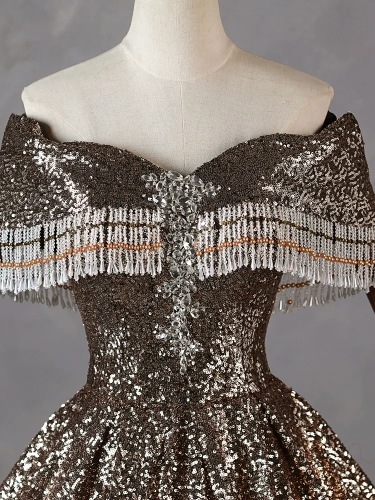 Czarne Złoto Suknie Wieczorowe z Odkrytymi Ramionami Damskie Błyszczące Cekiny Frędzle Sukienka na Imprezę 2026 Nowa Sukienka na Zamówienie na Formalne Okazje