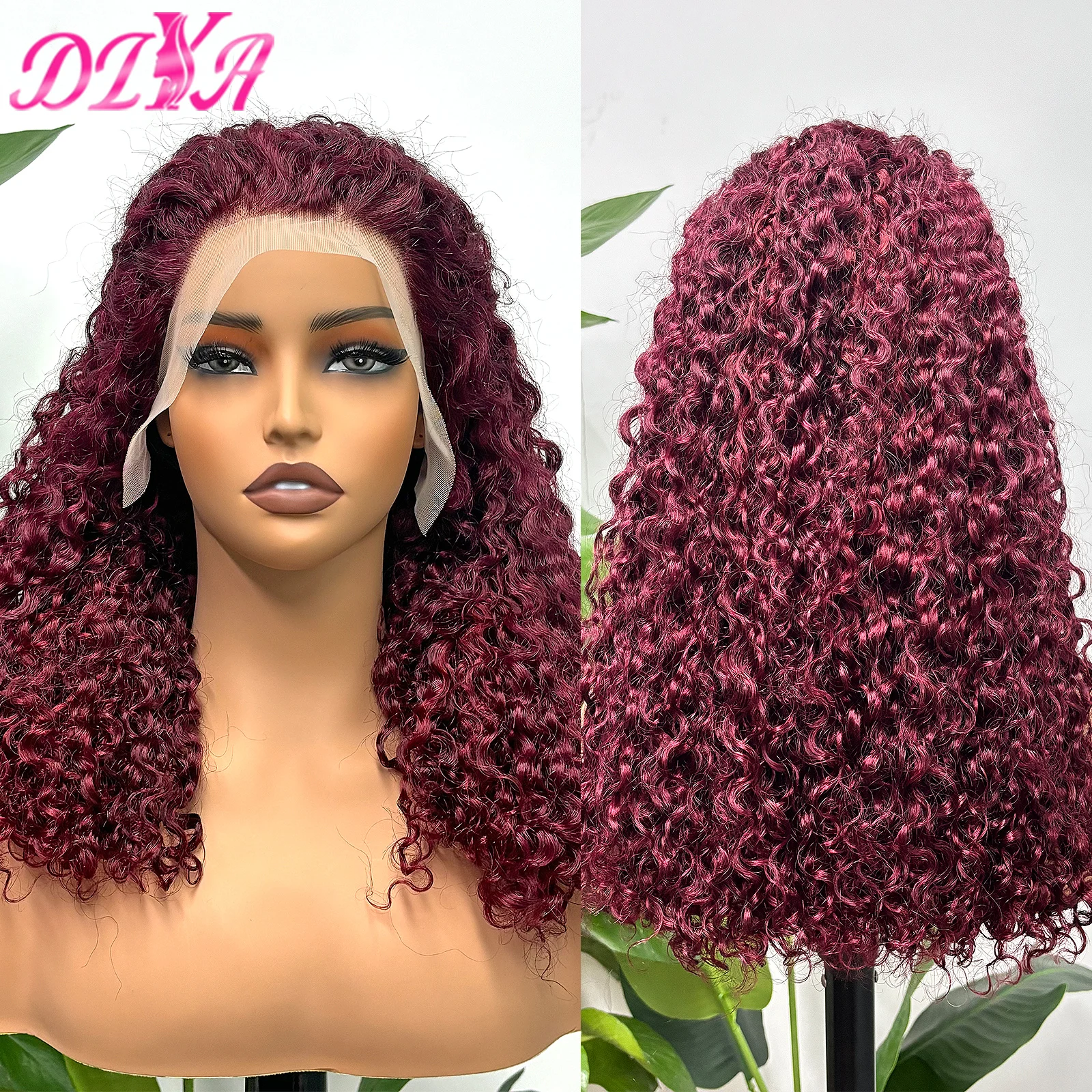 Perruque Naturelle Bouclée Bordeaux 99J pour Femme Africaine, Cheveux Humains, Double Proximité, Densité 250%, 13x4, 12A