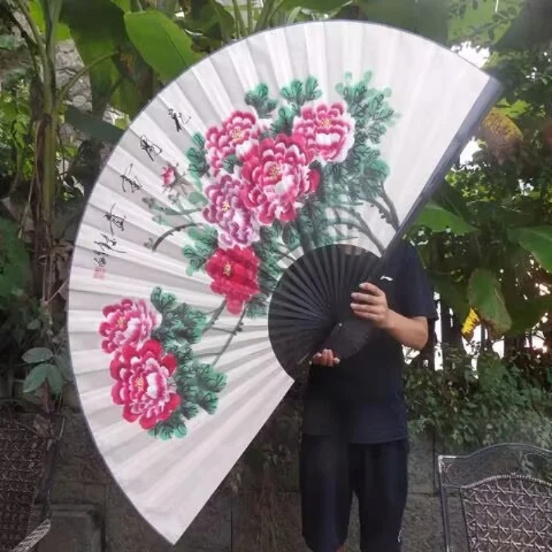 Large Decorative Folding Fan with Chinese Peony Flowers Yellow White Background Wedding Photography Studio Prop Home Decor Fan