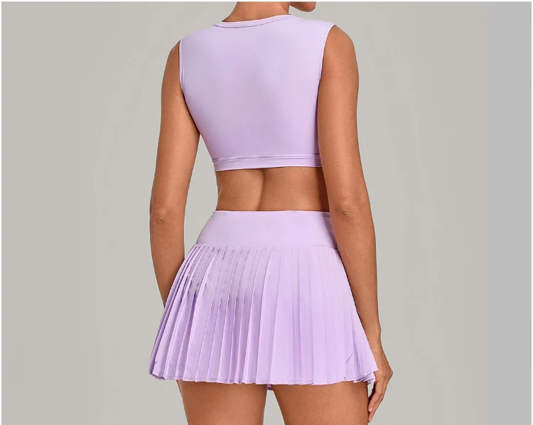 VITALINOVO Tennisrock-Sets für Damen, Rundhals-Camisole-Oberteil, passend dazu hochtaillierter, plissierter Sportrock für Damen, ideal für Tennis, Golf und Workouts – Detail 9