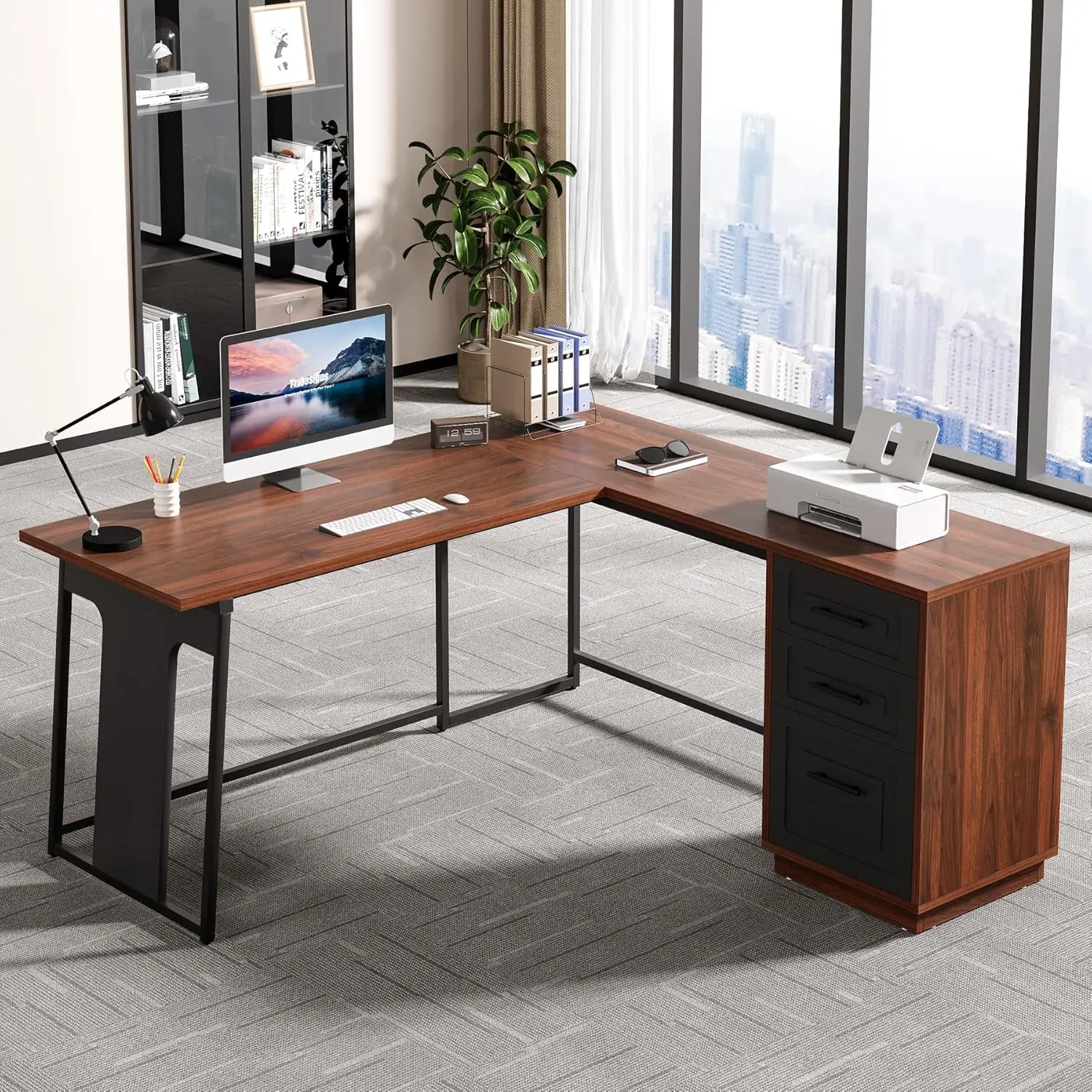 

Multifunctional Oak Large L-Shaped Office Desk with Storage Drawers, 55" Corner PC Workstation Home Study Furniture