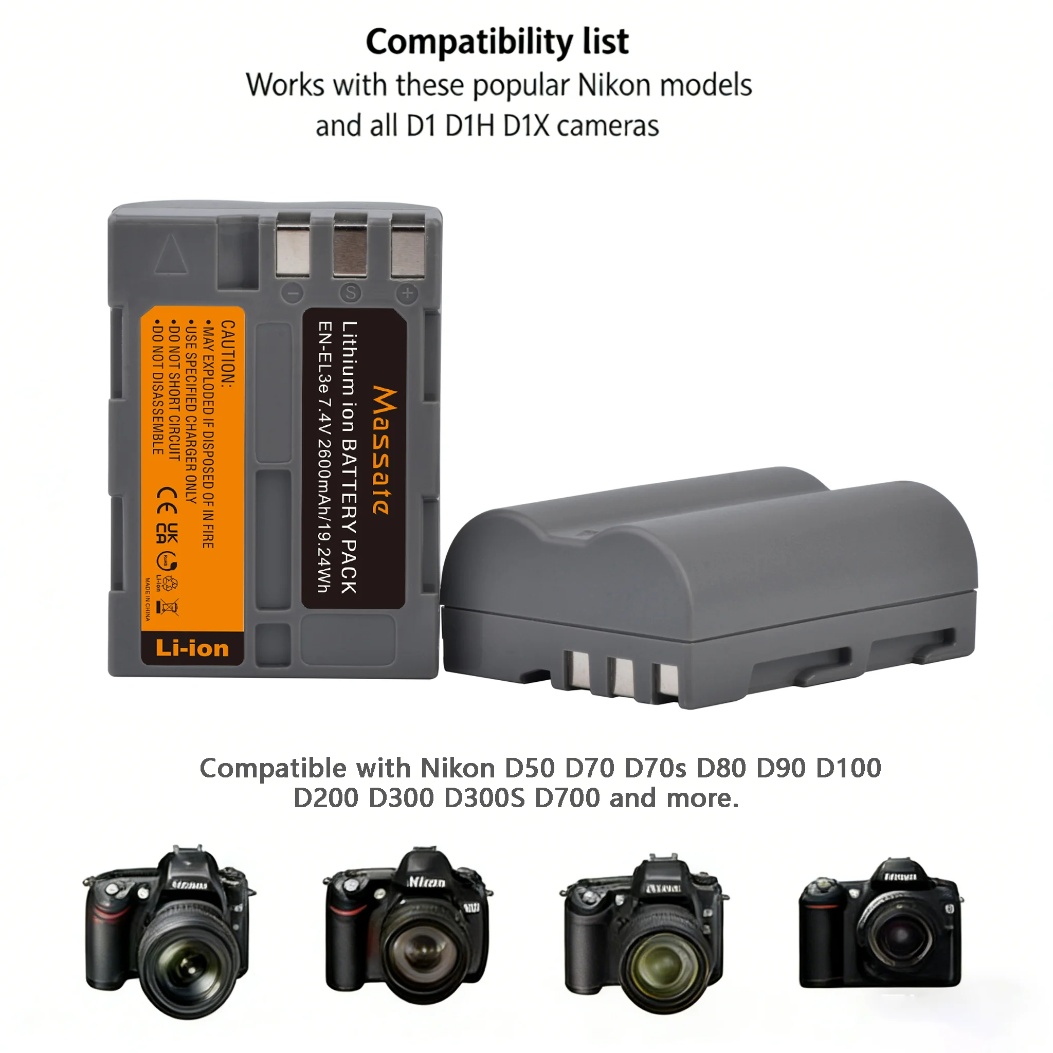 Massate EN-EL3E EN EL3E ENEL3E 2600mAh Battery +Fast USB Charger for Nikon D300S D300 D100 D200 D700 D70S D80 D90 D50 L50 Camera