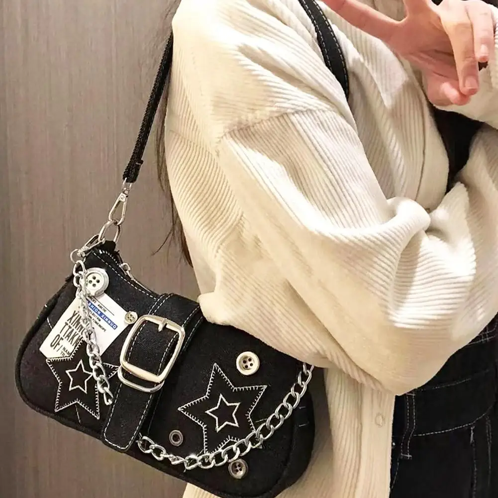 Y2k Fashion Women's Handbags Stars Pattern Cool Girls Underarm Bag Vintage Canvas Female Small Shoulder Bags Chain Tote Purses view 2