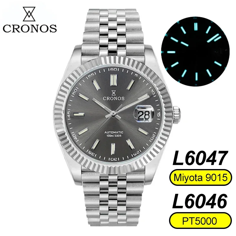 

Cronos L6047M Механические часы Новые 40 мм PT5000 Miyota 9015 Механизм Модные мужские часы 100 м Водонепроницаемые сапфировые светящиеся часы