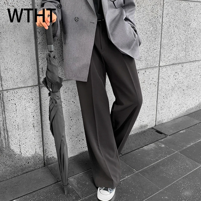 

WTHT новые модные мужские прямые свободные однотонные брюки-блейзеры, модные летние 2022, широкие брюки в корейском стиле, мужские 2A1171