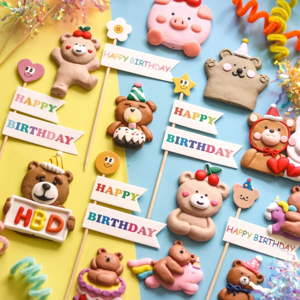 Cartoon Bear Birthday Theme Cake Decorations Boys Girl Cake Topppers Ornaments For Kids Birthday Party Bread Decoration