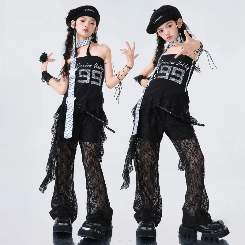 Kpop hip hop roupas de dança meninas jazz dança umbigo topos calças rendas verão street wear festival concerto terno palco bl16213