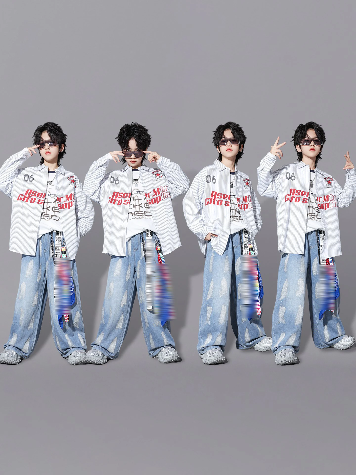 2025 Bambini Abiti da ballo di strada Costume Hip Hop Ragazzi Camicia bianca a righe Pantaloni in denim Maniche lunghe Moda Stage Wear BL18059