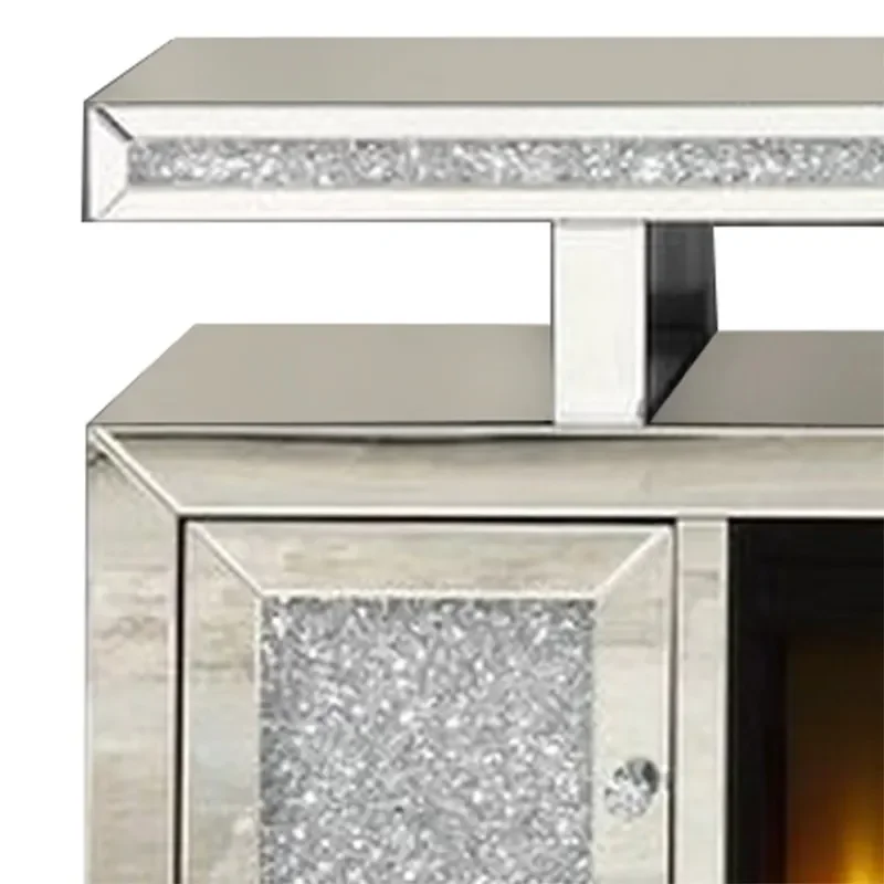 Silver Mirror TV Stand with LED Fireplace 2 Door Storage Cabinet Remote Control Modern Media Console for Living Room