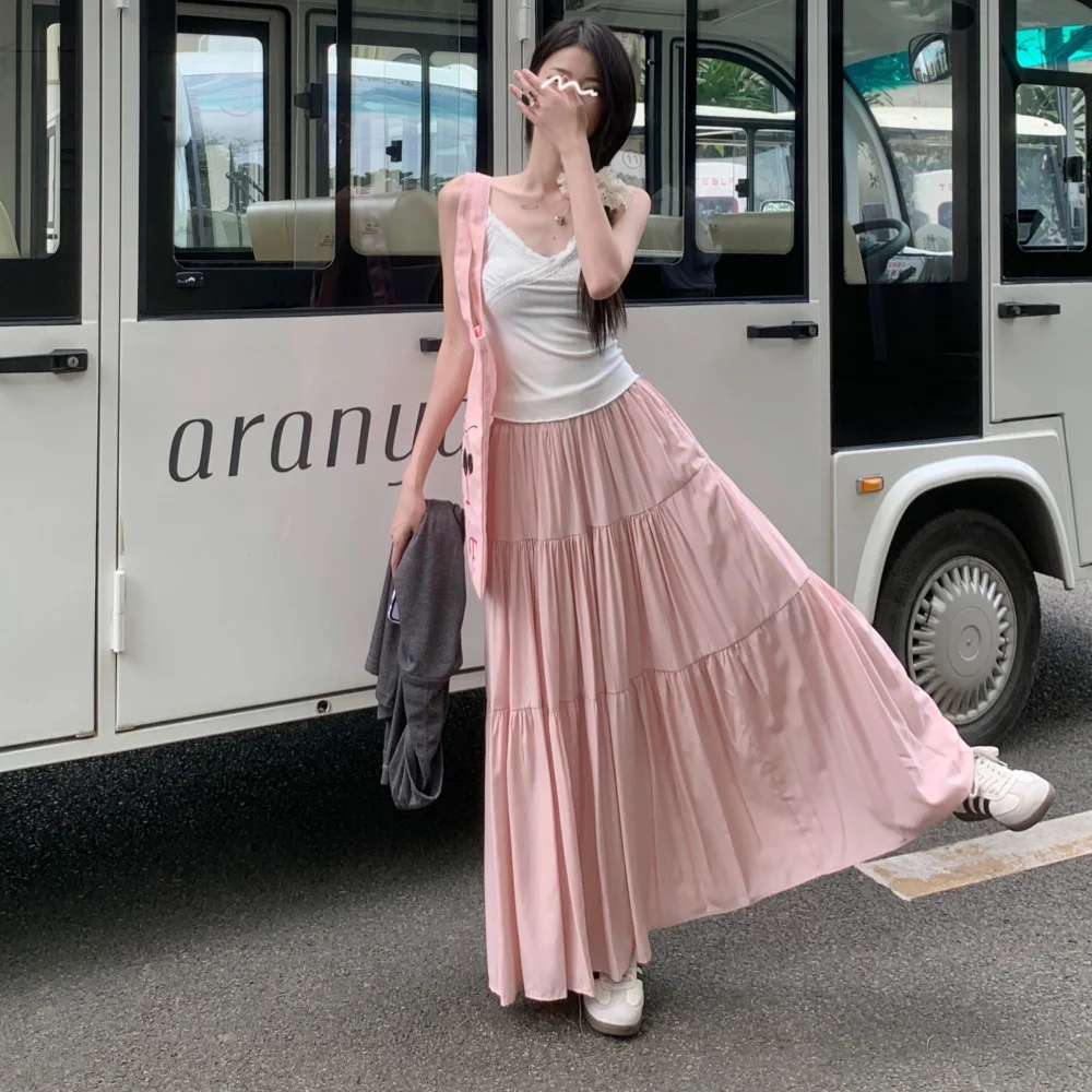 French Style Women Sweet A-line Long Skirt Spring Summer New Princess Cake Skirt Loose High Waist Pure Color Half Skirts