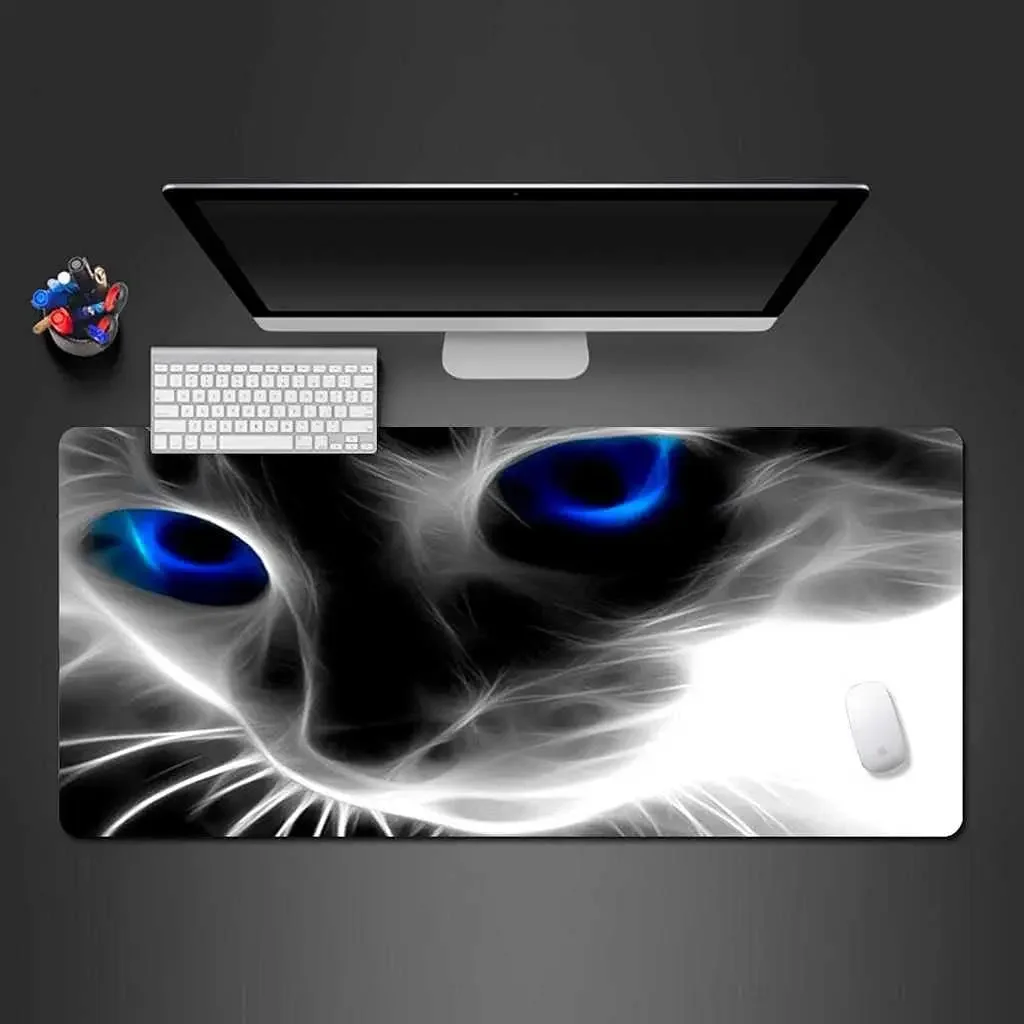 Animal Gaming Mouse Mat 900x400mm Abstract Blue Eyes Kitten Mousepad Desk Pad with Non Slip Rubber Stitched Edges for Office